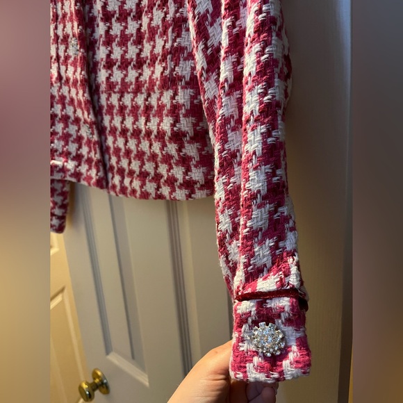 ZARA Pink White Tweed Rhinestone Button Blazer Jacket S NWT - Picture 4 of 6